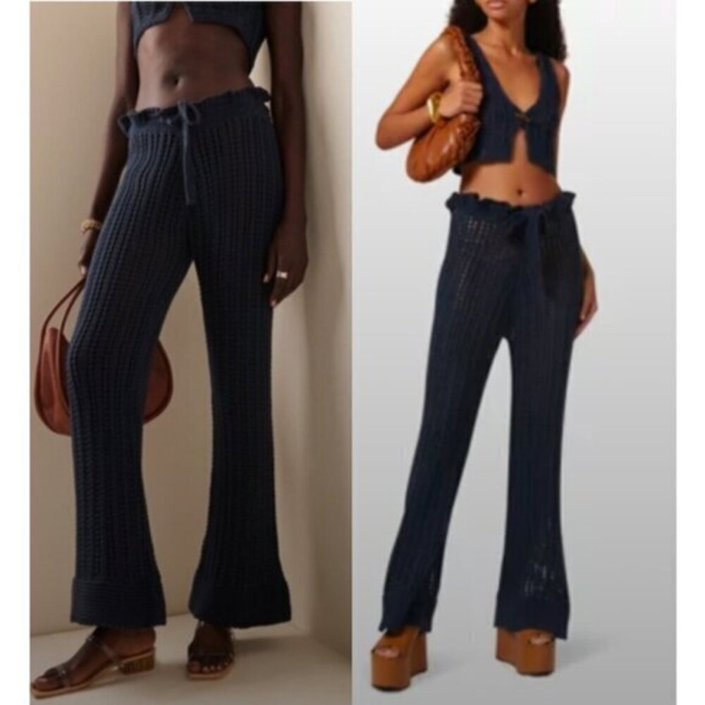 Savannah Morrow The Label Pants Oak Crochet Knit Belted Cotton in Navy